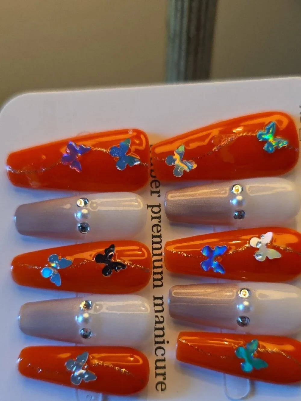 Orange Butterfly Press-On Nail Set by Size Large